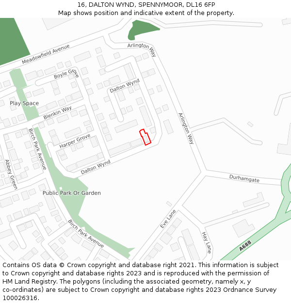 16, DALTON WYND, SPENNYMOOR, DL16 6FP: Location map and indicative extent of plot