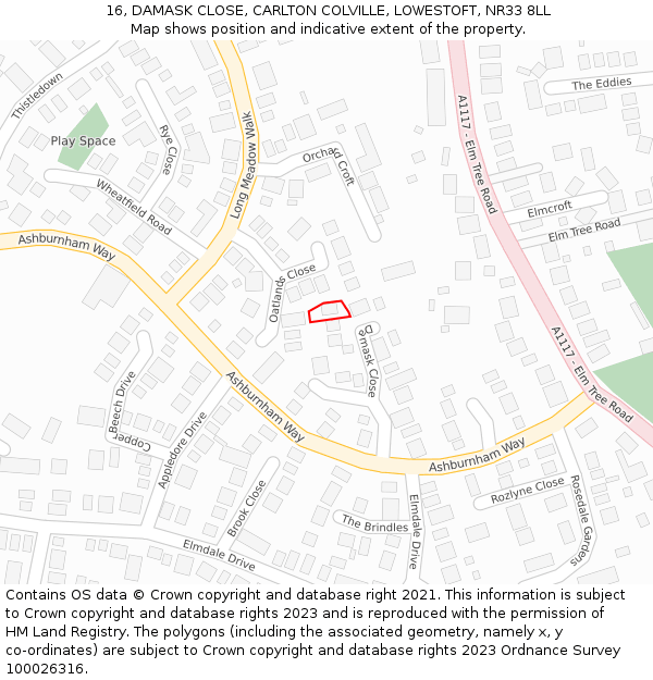 16, DAMASK CLOSE, CARLTON COLVILLE, LOWESTOFT, NR33 8LL: Location map and indicative extent of plot