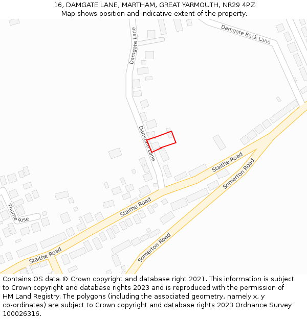 16, DAMGATE LANE, MARTHAM, GREAT YARMOUTH, NR29 4PZ: Location map and indicative extent of plot