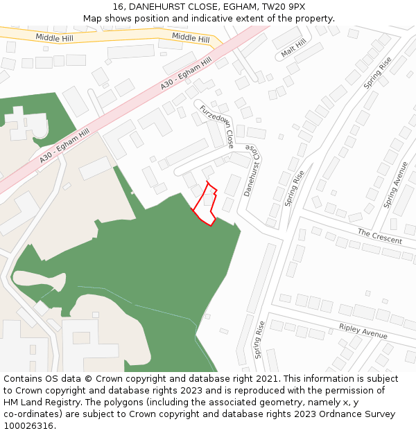 16, DANEHURST CLOSE, EGHAM, TW20 9PX: Location map and indicative extent of plot