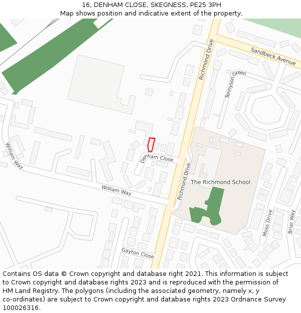 16, DENHAM CLOSE, SKEGNESS, PE25 3PH: Location map and indicative extent of plot