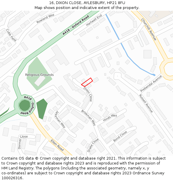 16, DIXON CLOSE, AYLESBURY, HP21 8FU: Location map and indicative extent of plot
