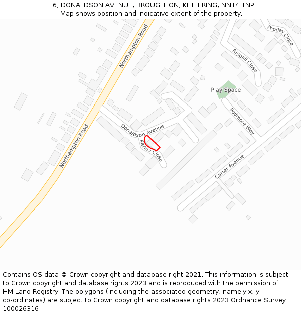 16, DONALDSON AVENUE, BROUGHTON, KETTERING, NN14 1NP: Location map and indicative extent of plot