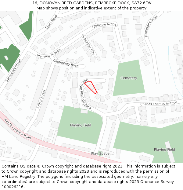 16, DONOVAN REED GARDENS, PEMBROKE DOCK, SA72 6EW: Location map and indicative extent of plot