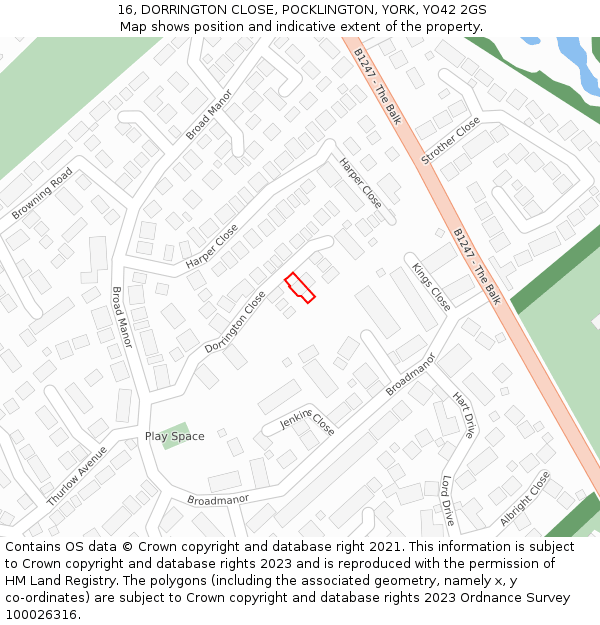 16, DORRINGTON CLOSE, POCKLINGTON, YORK, YO42 2GS: Location map and indicative extent of plot