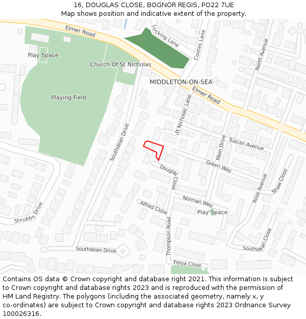 16, DOUGLAS CLOSE, BOGNOR REGIS, PO22 7UE: Location map and indicative extent of plot