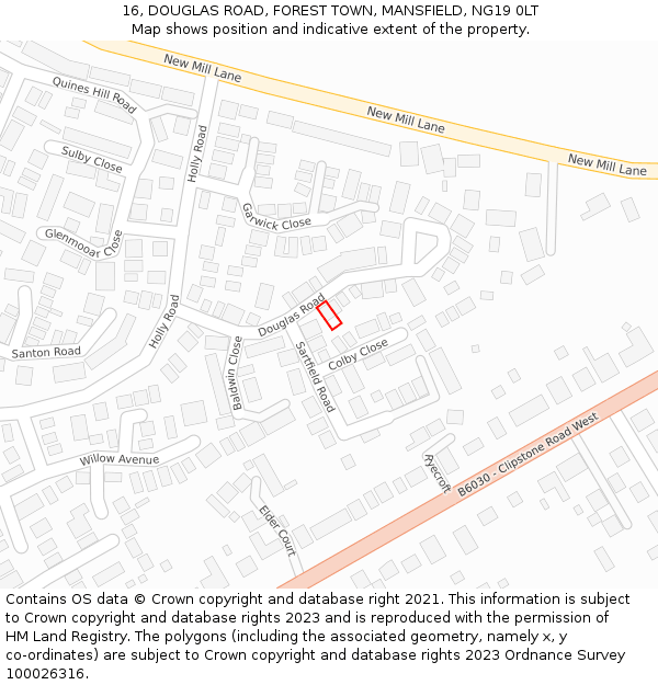 16, DOUGLAS ROAD, FOREST TOWN, MANSFIELD, NG19 0LT: Location map and indicative extent of plot