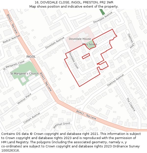 16, DOVEDALE CLOSE, INGOL, PRESTON, PR2 3WR: Location map and indicative extent of plot