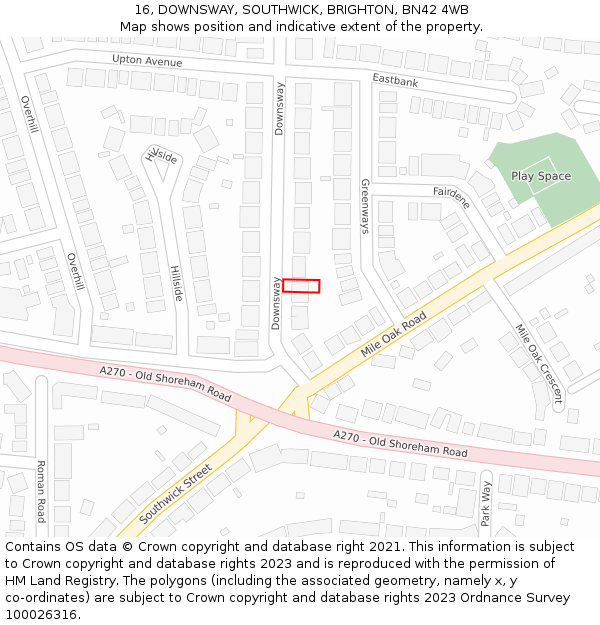 16, DOWNSWAY, SOUTHWICK, BRIGHTON, BN42 4WB: Location map and indicative extent of plot