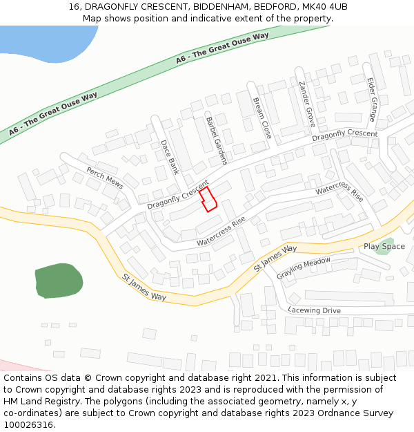 16, DRAGONFLY CRESCENT, BIDDENHAM, BEDFORD, MK40 4UB: Location map and indicative extent of plot