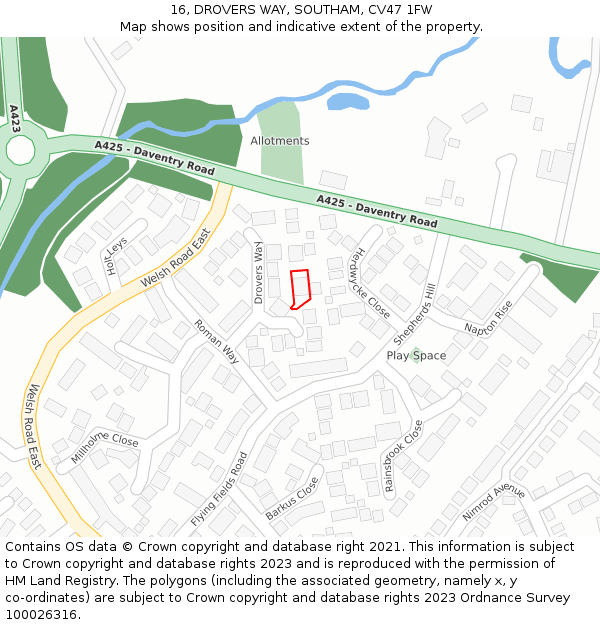 16, DROVERS WAY, SOUTHAM, CV47 1FW: Location map and indicative extent of plot