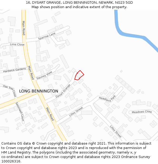 16, DYSART GRANGE, LONG BENNINGTON, NEWARK, NG23 5GD: Location map and indicative extent of plot