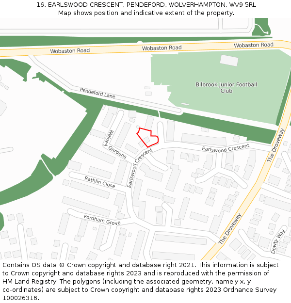 16, EARLSWOOD CRESCENT, PENDEFORD, WOLVERHAMPTON, WV9 5RL: Location map and indicative extent of plot