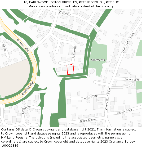16, EARLSWOOD, ORTON BRIMBLES, PETERBOROUGH, PE2 5UG: Location map and indicative extent of plot