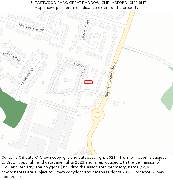 16, EASTWOOD PARK, GREAT BADDOW, CHELMSFORD, CM2 8HF: Location map and indicative extent of plot