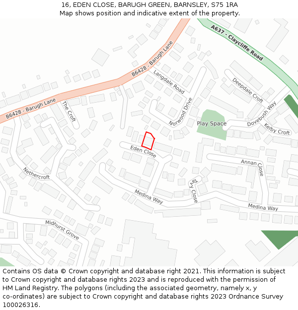 16, EDEN CLOSE, BARUGH GREEN, BARNSLEY, S75 1RA: Location map and indicative extent of plot