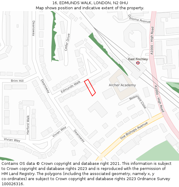 16, EDMUNDS WALK, LONDON, N2 0HU: Location map and indicative extent of plot