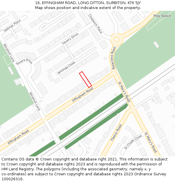16, EFFINGHAM ROAD, LONG DITTON, SURBITON, KT6 5JY: Location map and indicative extent of plot