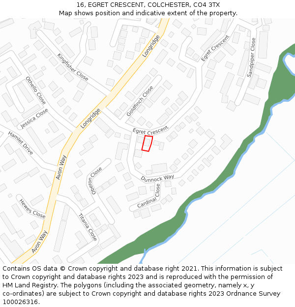 16, EGRET CRESCENT, COLCHESTER, CO4 3TX: Location map and indicative extent of plot