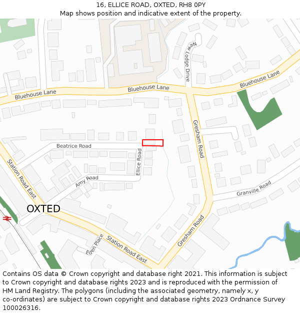 16, ELLICE ROAD, OXTED, RH8 0PY: Location map and indicative extent of plot