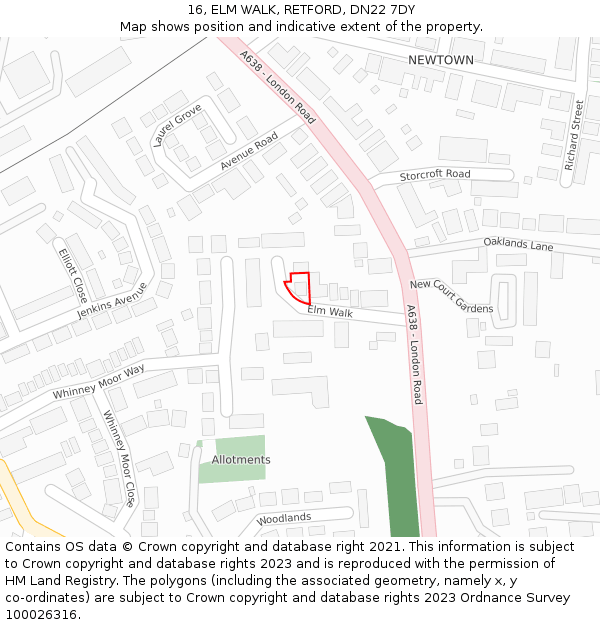 16, ELM WALK, RETFORD, DN22 7DY: Location map and indicative extent of plot