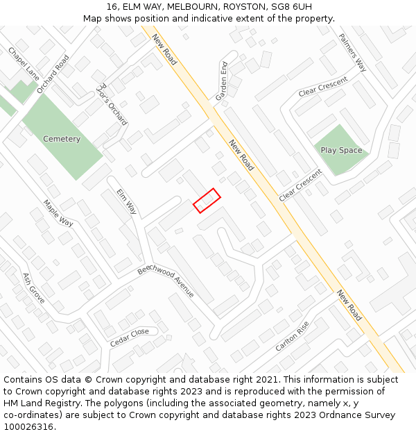 16, ELM WAY, MELBOURN, ROYSTON, SG8 6UH: Location map and indicative extent of plot