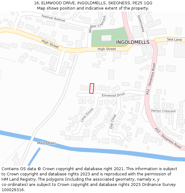 16, ELMWOOD DRIVE, INGOLDMELLS, SKEGNESS, PE25 1QG: Location map and indicative extent of plot