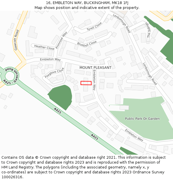 16, EMBLETON WAY, BUCKINGHAM, MK18 1FJ: Location map and indicative extent of plot