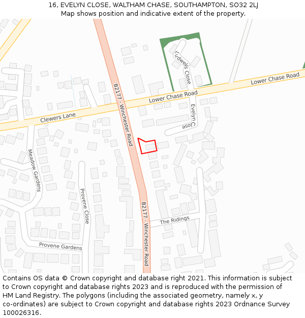 16, EVELYN CLOSE, WALTHAM CHASE, SOUTHAMPTON, SO32 2LJ: Location map and indicative extent of plot