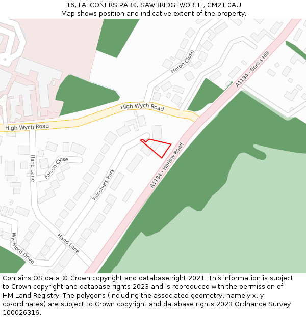 16, FALCONERS PARK, SAWBRIDGEWORTH, CM21 0AU: Location map and indicative extent of plot