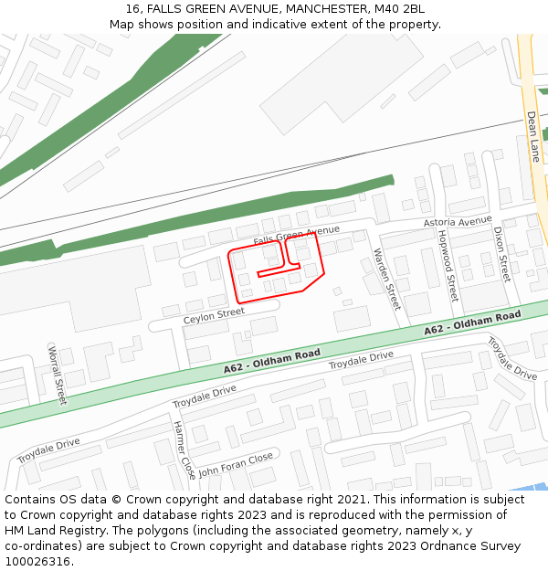 16, FALLS GREEN AVENUE, MANCHESTER, M40 2BL: Location map and indicative extent of plot