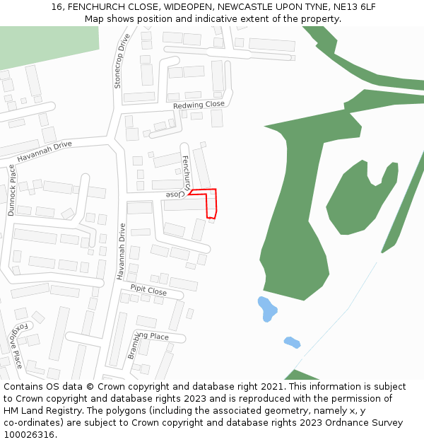 16, FENCHURCH CLOSE, WIDEOPEN, NEWCASTLE UPON TYNE, NE13 6LF: Location map and indicative extent of plot