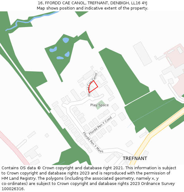 16, FFORDD CAE CANOL, TREFNANT, DENBIGH, LL16 4YJ: Location map and indicative extent of plot