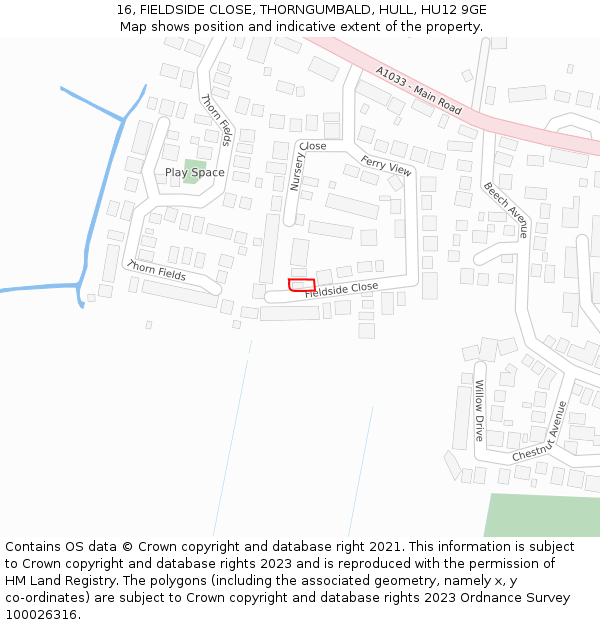 16, FIELDSIDE CLOSE, THORNGUMBALD, HULL, HU12 9GE: Location map and indicative extent of plot