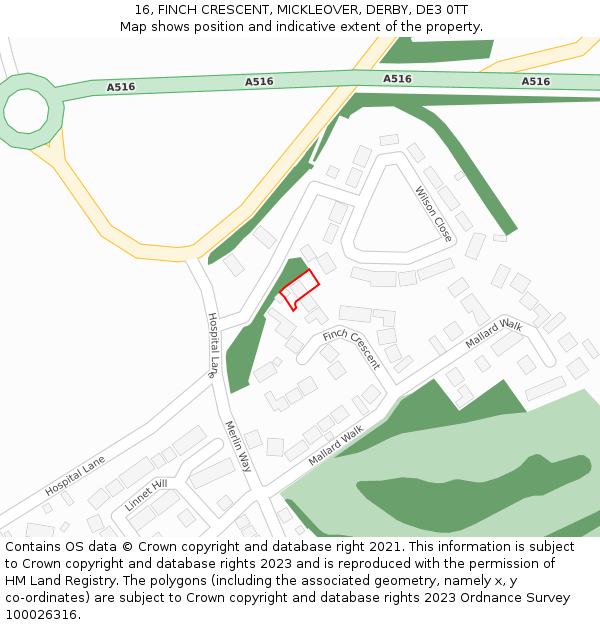 16, FINCH CRESCENT, MICKLEOVER, DERBY, DE3 0TT: Location map and indicative extent of plot