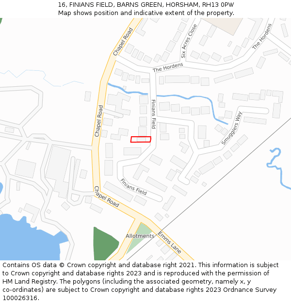 16, FINIANS FIELD, BARNS GREEN, HORSHAM, RH13 0PW: Location map and indicative extent of plot