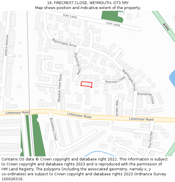 16, FIRECREST CLOSE, WEYMOUTH, DT3 5RY: Location map and indicative extent of plot