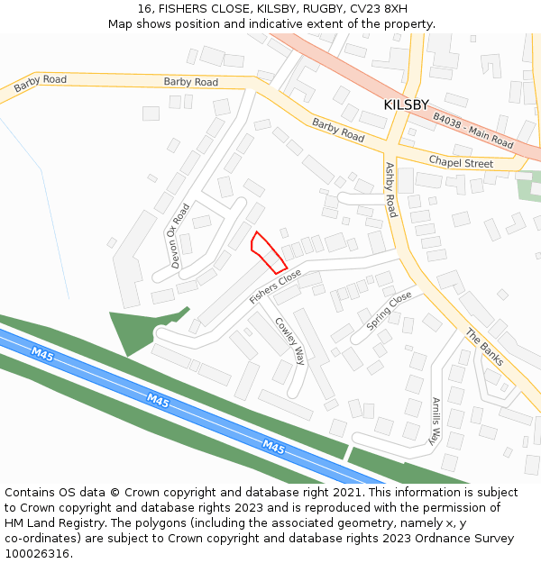 16, FISHERS CLOSE, KILSBY, RUGBY, CV23 8XH: Location map and indicative extent of plot