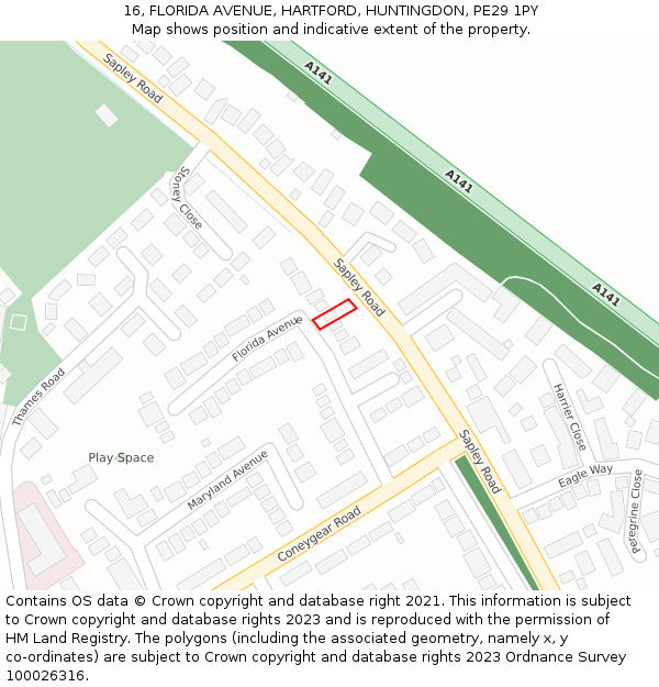 16, FLORIDA AVENUE, HARTFORD, HUNTINGDON, PE29 1PY: Location map and indicative extent of plot