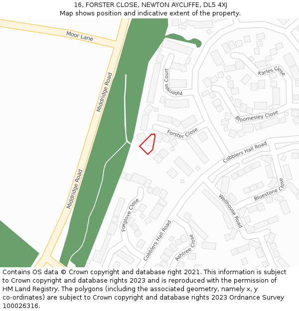 16, FORSTER CLOSE, NEWTON AYCLIFFE, DL5 4XJ: Location map and indicative extent of plot