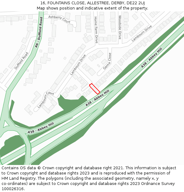 16, FOUNTAINS CLOSE, ALLESTREE, DERBY, DE22 2UJ: Location map and indicative extent of plot