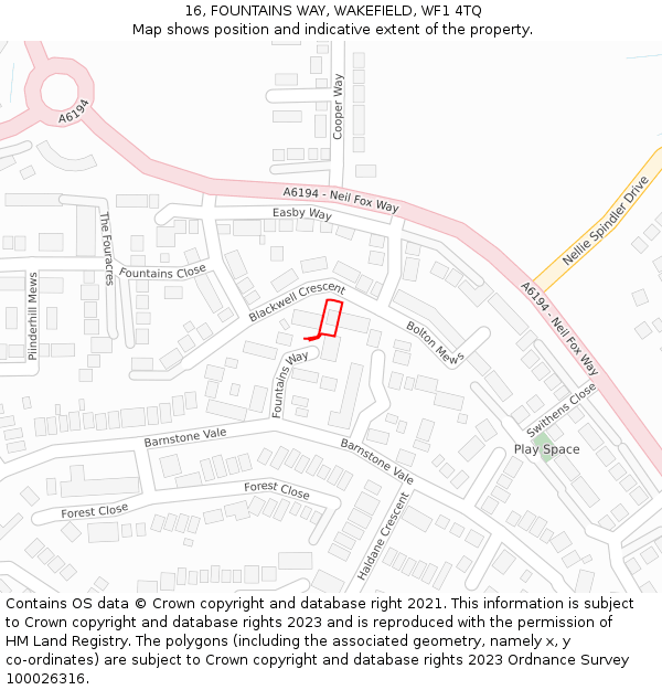 16, FOUNTAINS WAY, WAKEFIELD, WF1 4TQ: Location map and indicative extent of plot