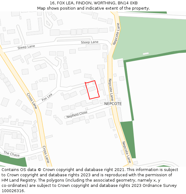 16, FOX LEA, FINDON, WORTHING, BN14 0XB: Location map and indicative extent of plot