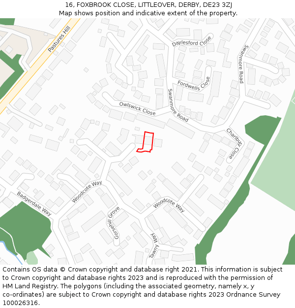 16, FOXBROOK CLOSE, LITTLEOVER, DERBY, DE23 3ZJ: Location map and indicative extent of plot