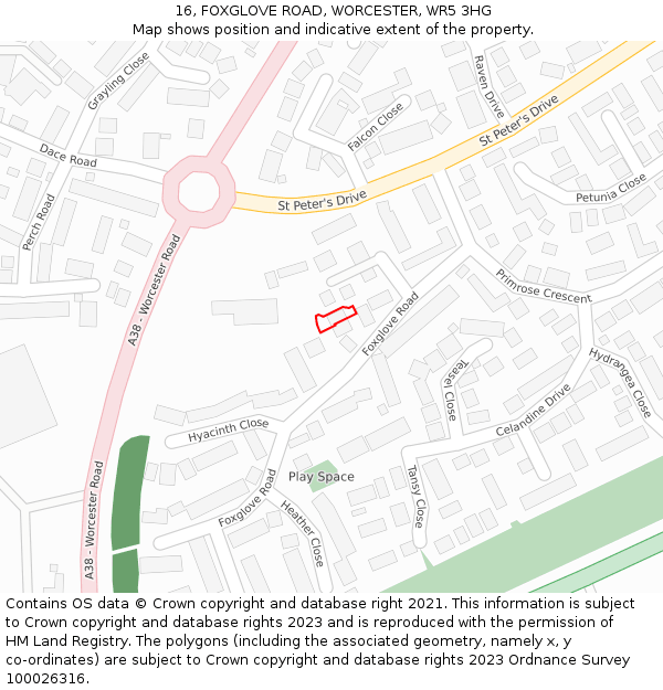 16, FOXGLOVE ROAD, WORCESTER, WR5 3HG: Location map and indicative extent of plot