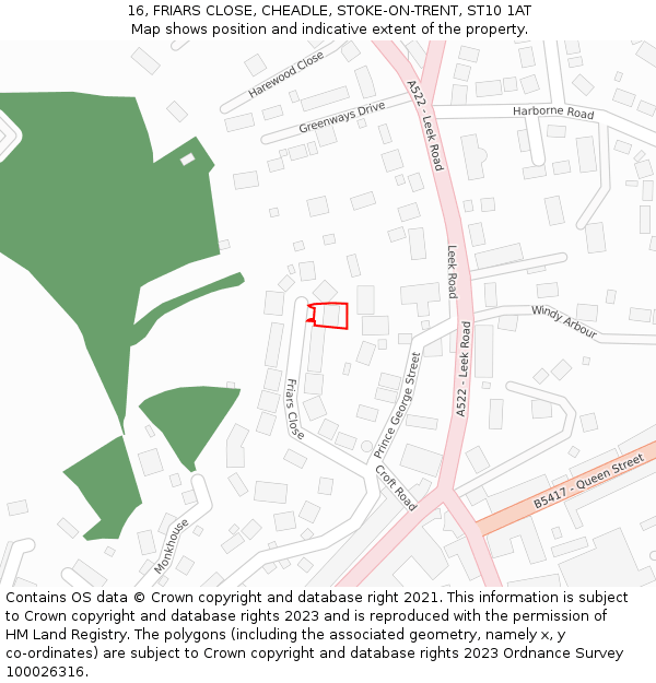 16, FRIARS CLOSE, CHEADLE, STOKE-ON-TRENT, ST10 1AT: Location map and indicative extent of plot