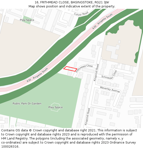 16, FRITHMEAD CLOSE, BASINGSTOKE, RG21 3JW: Location map and indicative extent of plot