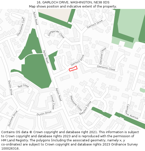 16, GAIRLOCH DRIVE, WASHINGTON, NE38 0DS: Location map and indicative extent of plot