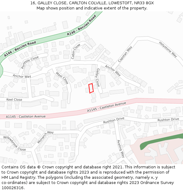 16, GALLEY CLOSE, CARLTON COLVILLE, LOWESTOFT, NR33 8GX: Location map and indicative extent of plot