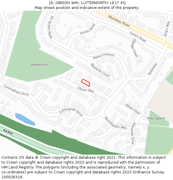 16, GIBSON WAY, LUTTERWORTH, LE17 4YJ: Location map and indicative extent of plot